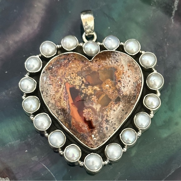 Mexican fire opal pearl mega statement heart sterling silver pendant - Picture 3 of 10